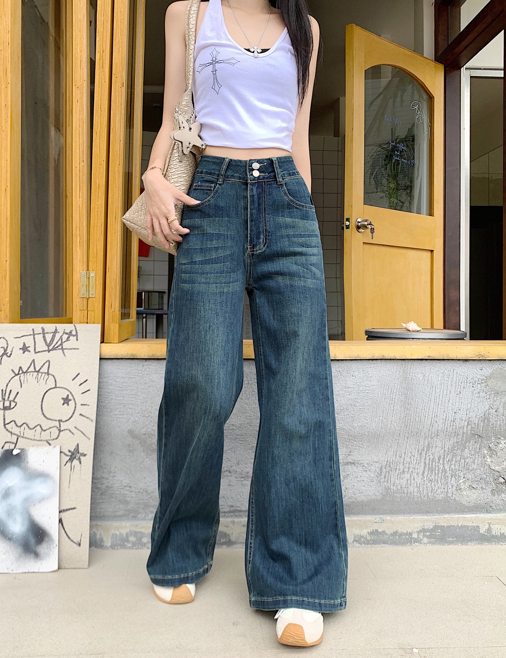 Elasticity high waist double buckle wide leg jeans for women