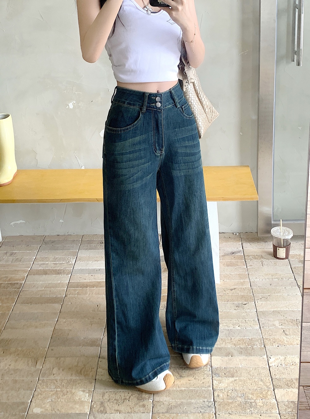 Elasticity high waist double buckle wide leg jeans for women