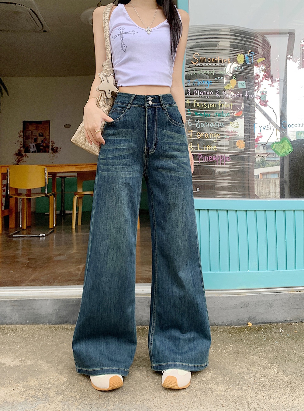 Elasticity high waist double buckle wide leg jeans for women