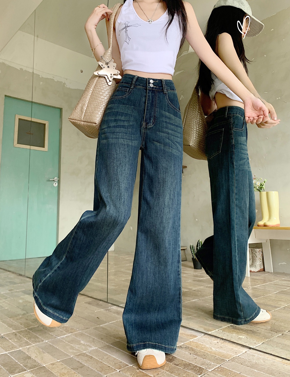 Elasticity high waist double buckle wide leg jeans for women