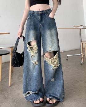 Retro autumn holes washed jeans for women