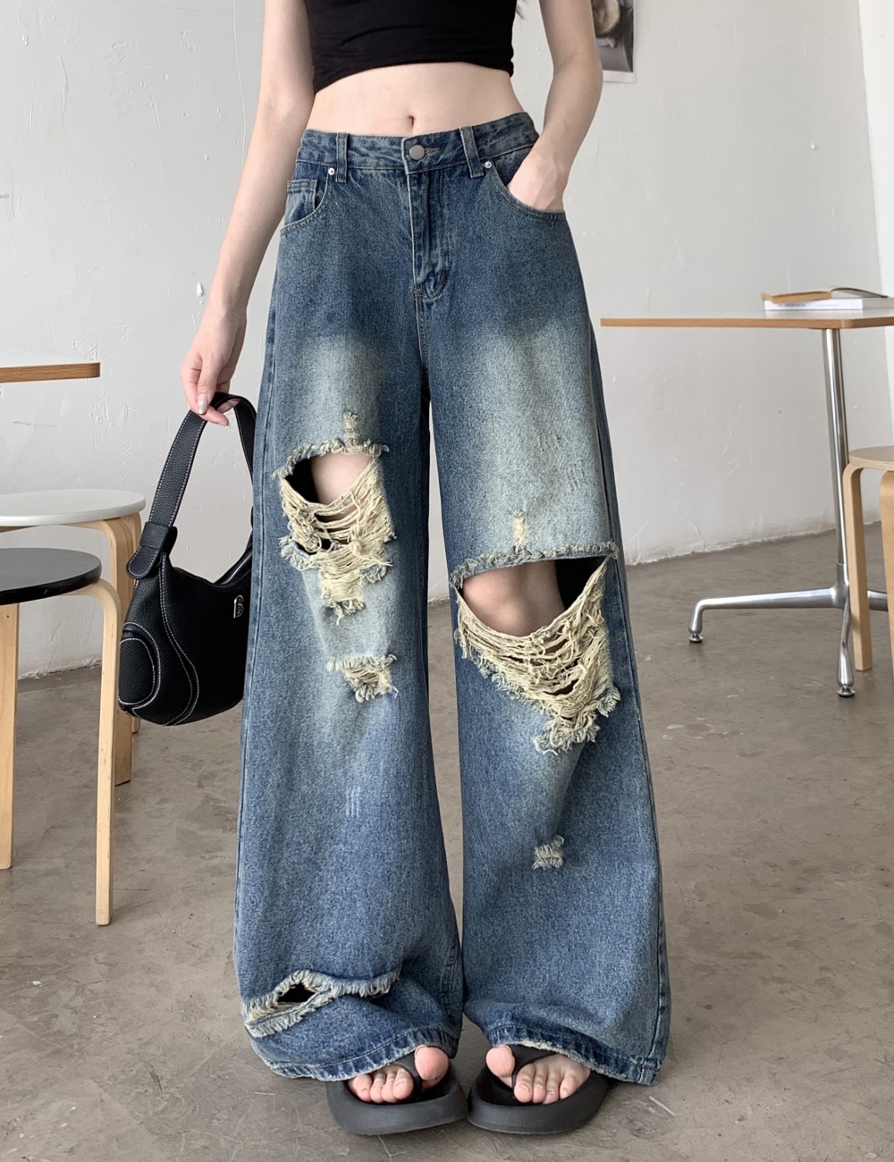 Retro autumn holes washed jeans for women