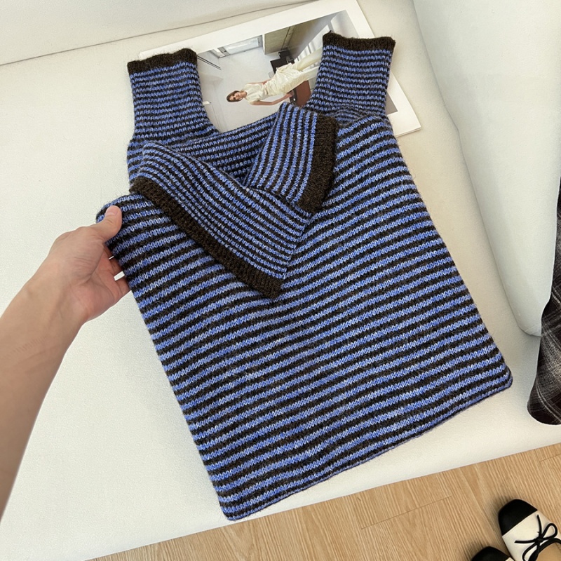 High collar pullover tops stripe sweater for women