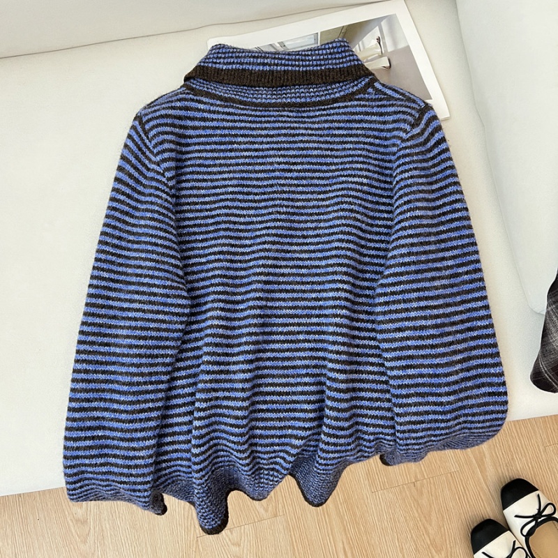 High collar pullover tops stripe sweater for women