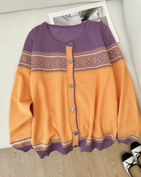 Knitted jacquard sweater round neck cardigan for women