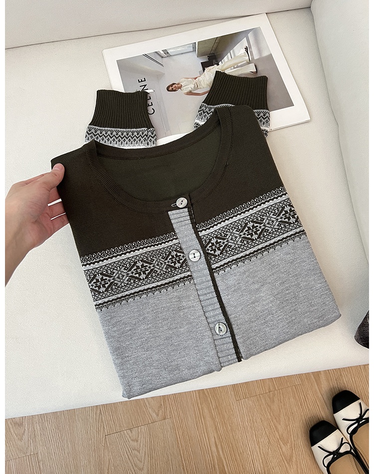 Knitted jacquard sweater round neck cardigan for women