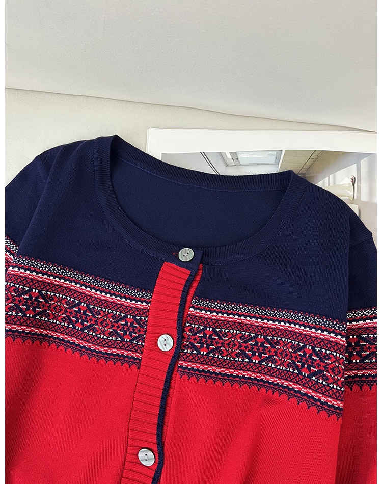 Knitted jacquard sweater round neck cardigan for women