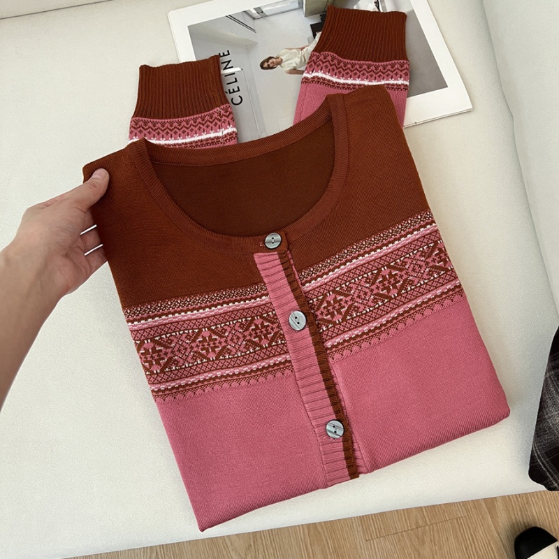 Knitted jacquard sweater round neck cardigan for women
