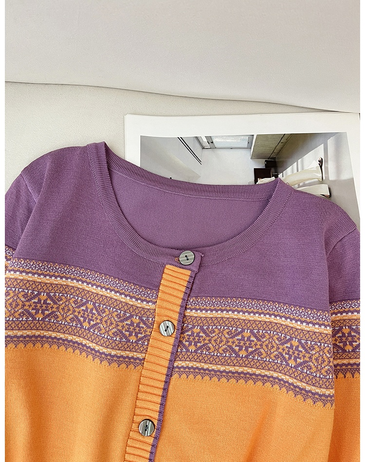 Knitted jacquard sweater round neck cardigan for women