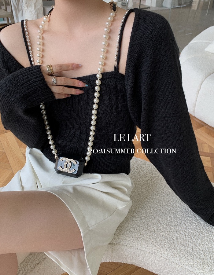 Pearl temperament niche sweater sling autumn tops 2pcs set