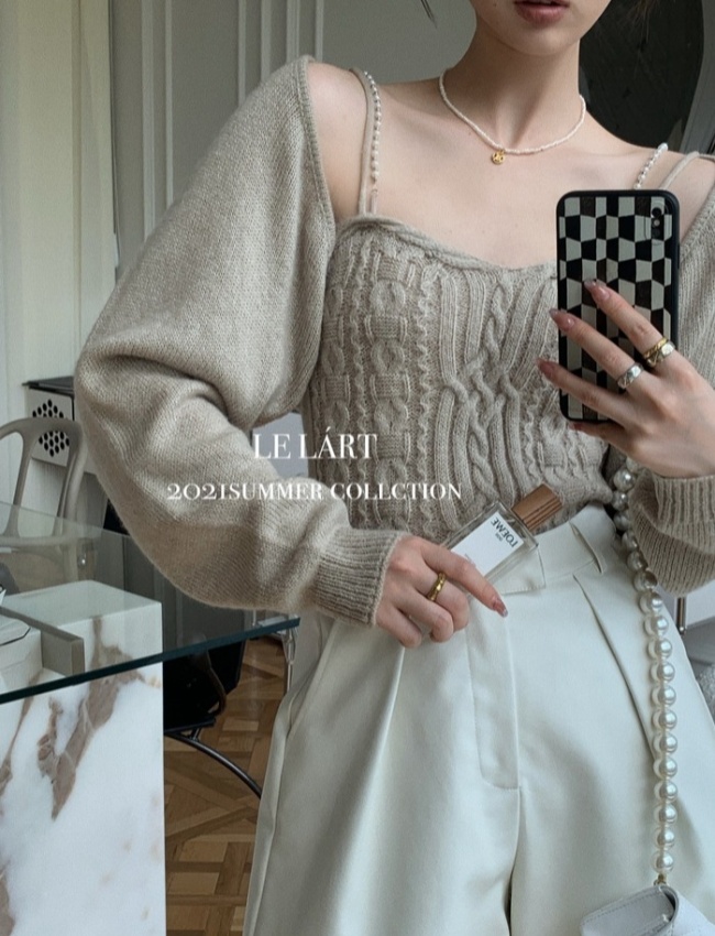 Pearl temperament niche sweater sling autumn tops 2pcs set