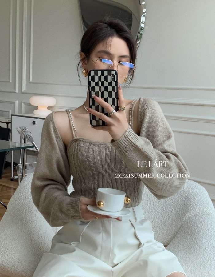 Pearl temperament niche sweater sling autumn tops 2pcs set