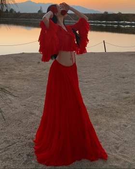 Red lotus leaf edges tops chiffon vacation skirt a set
