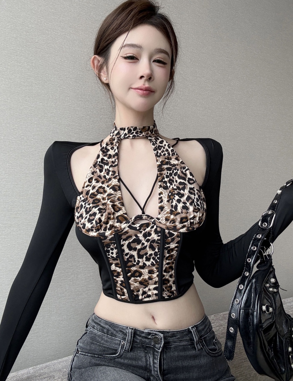 Spicegirl long sleeve T-shirt hollow leopard tops for women