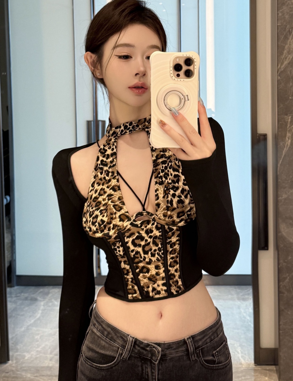 Spicegirl long sleeve T-shirt hollow leopard tops for women