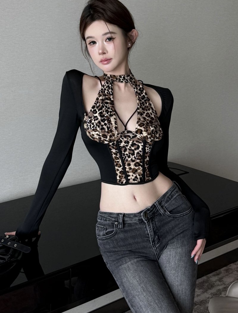 Spicegirl long sleeve T-shirt hollow leopard tops for women