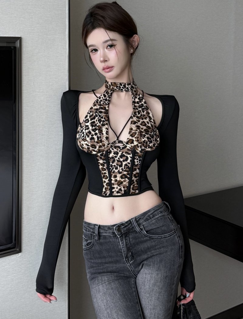Spicegirl long sleeve T-shirt hollow leopard tops for women