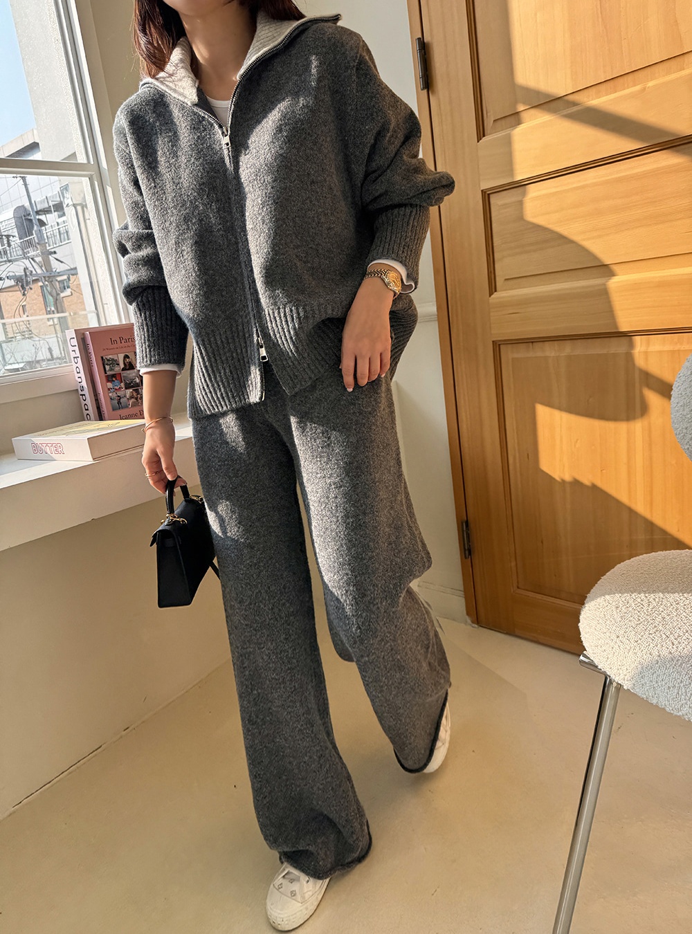 Splice cardigan mopping casual pants 2pcs set