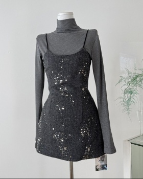 Sling long sleeve strap dress bottoming dress 2pcs set