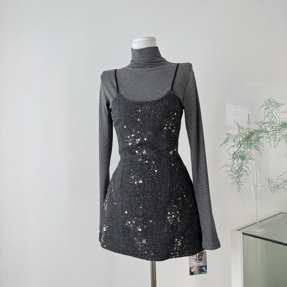 Sling long sleeve strap dress bottoming dress 2pcs set