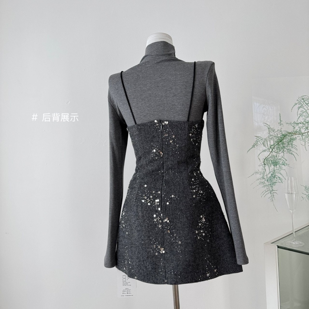 Sling long sleeve strap dress bottoming dress 2pcs set