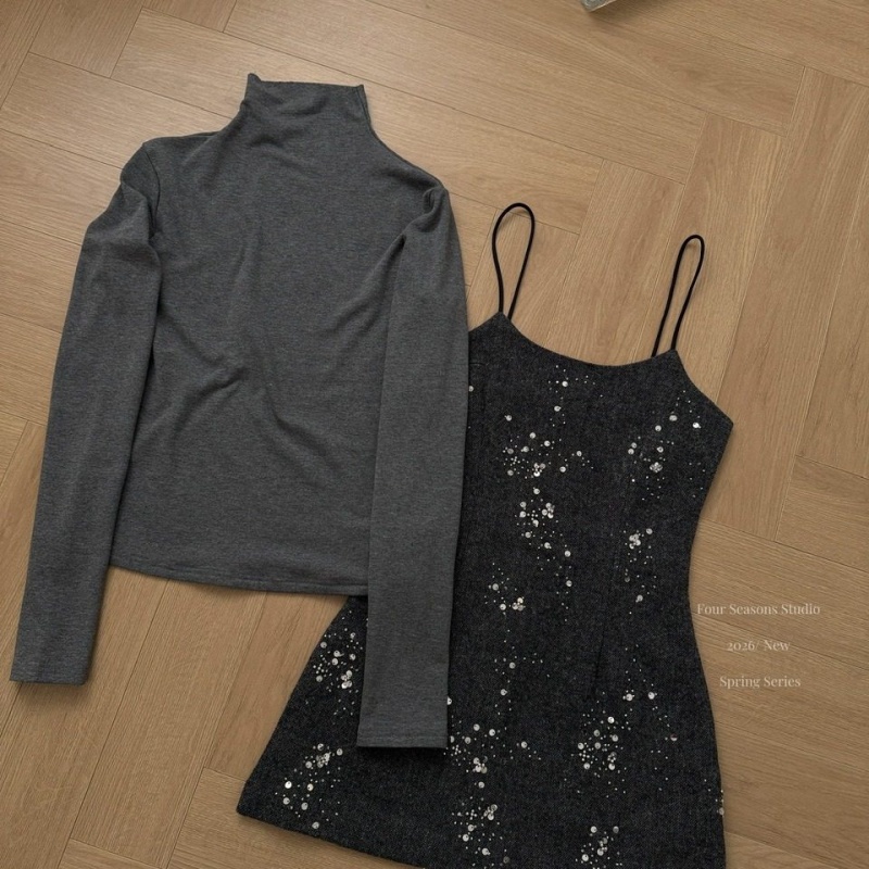 Sling long sleeve strap dress bottoming dress 2pcs set