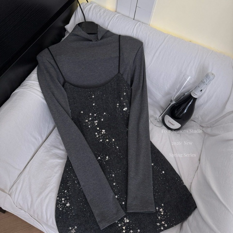 Sling long sleeve strap dress bottoming dress 2pcs set