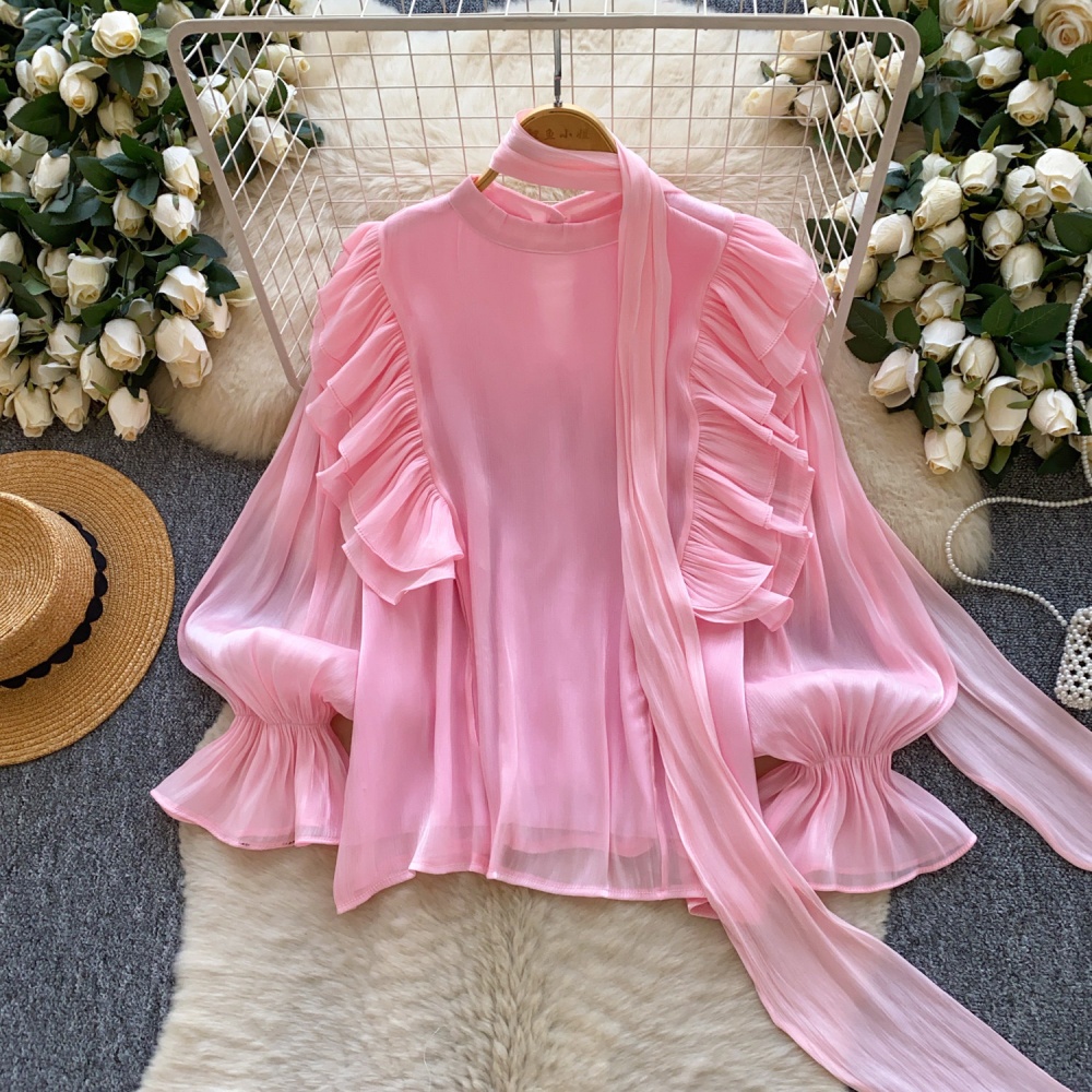 Ladies loose tops spring bow collar shirt for women