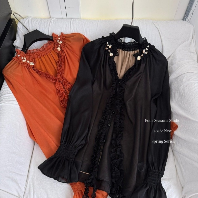 Spring lantern sleeve wood ear France style tops for women