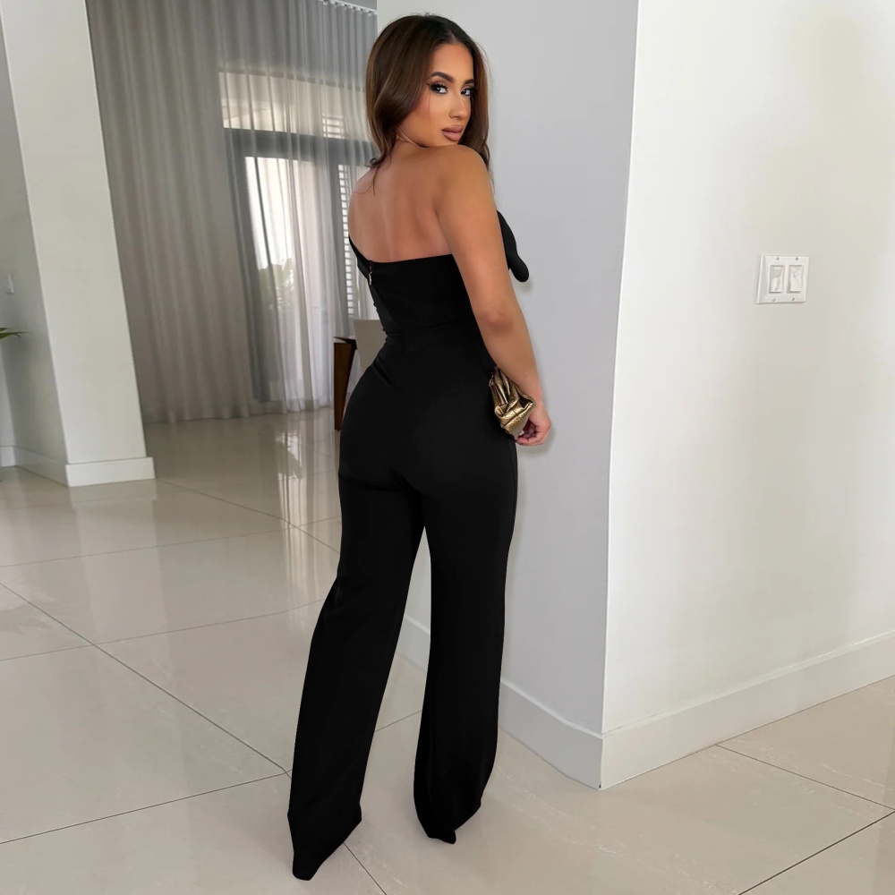 European style halter flat shoulder jumpsuit for women