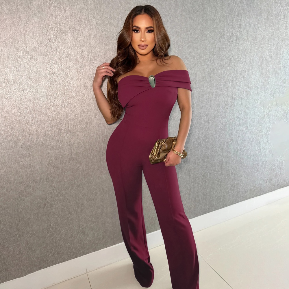 European style halter flat shoulder jumpsuit for women