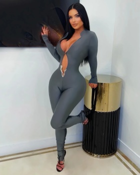 Pure tight sexy V-neck long sleeve jumpsuit