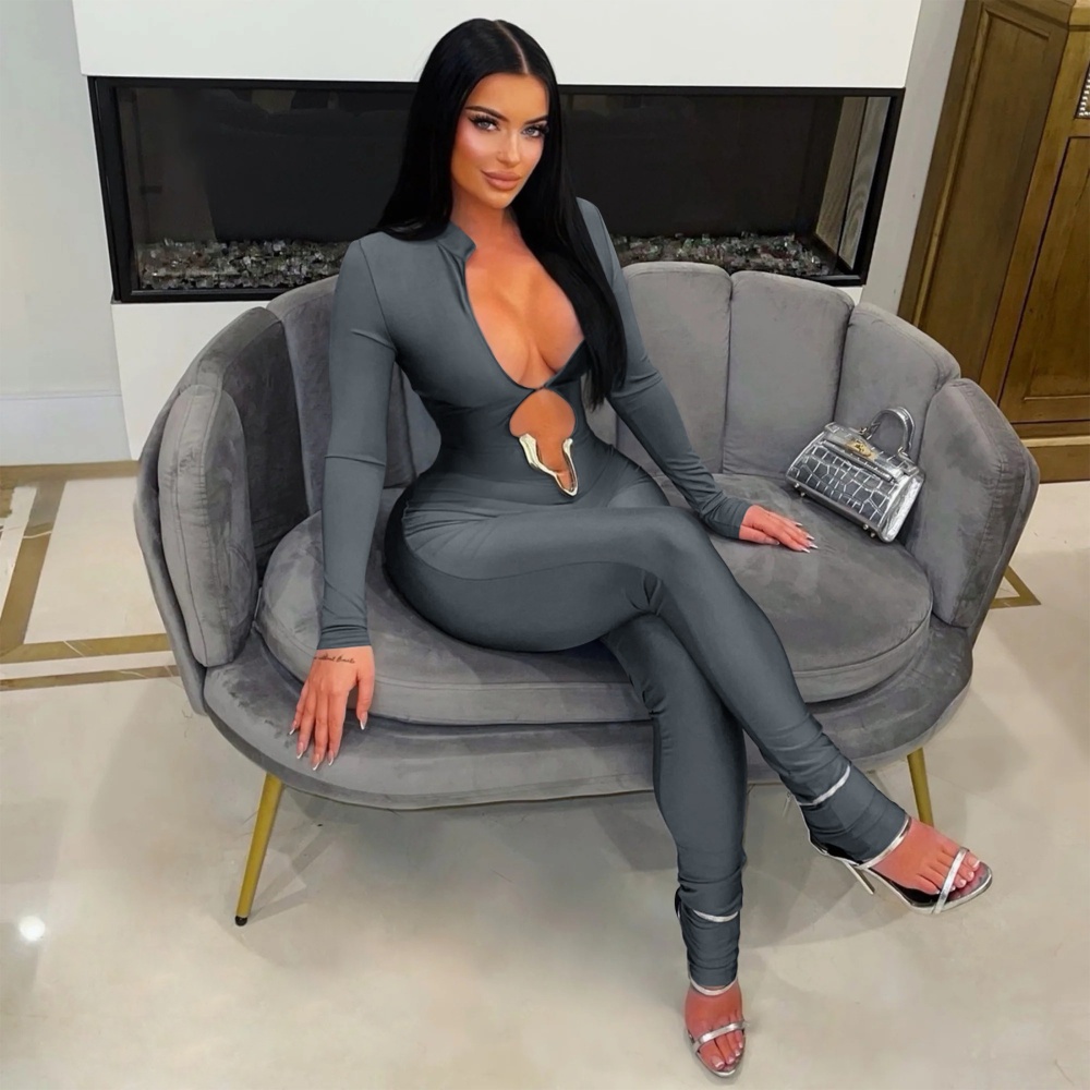 Pure tight sexy V-neck long sleeve jumpsuit