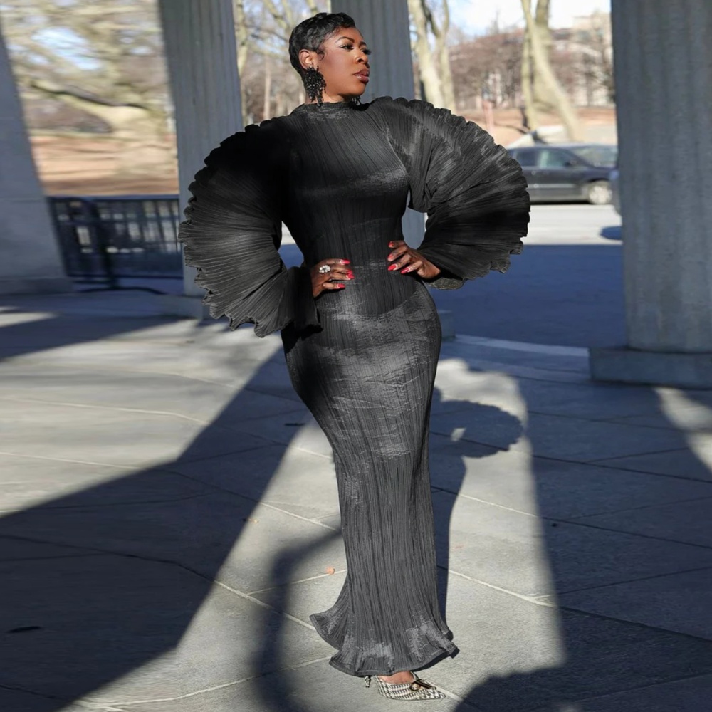 Fold pure round neck European style crimp dress