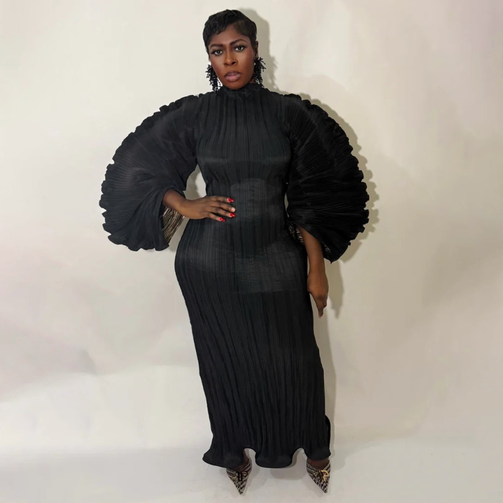 Fold pure round neck European style crimp dress