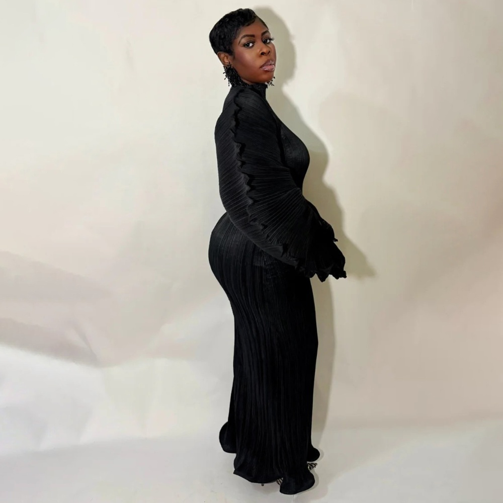 Fold pure round neck European style crimp dress