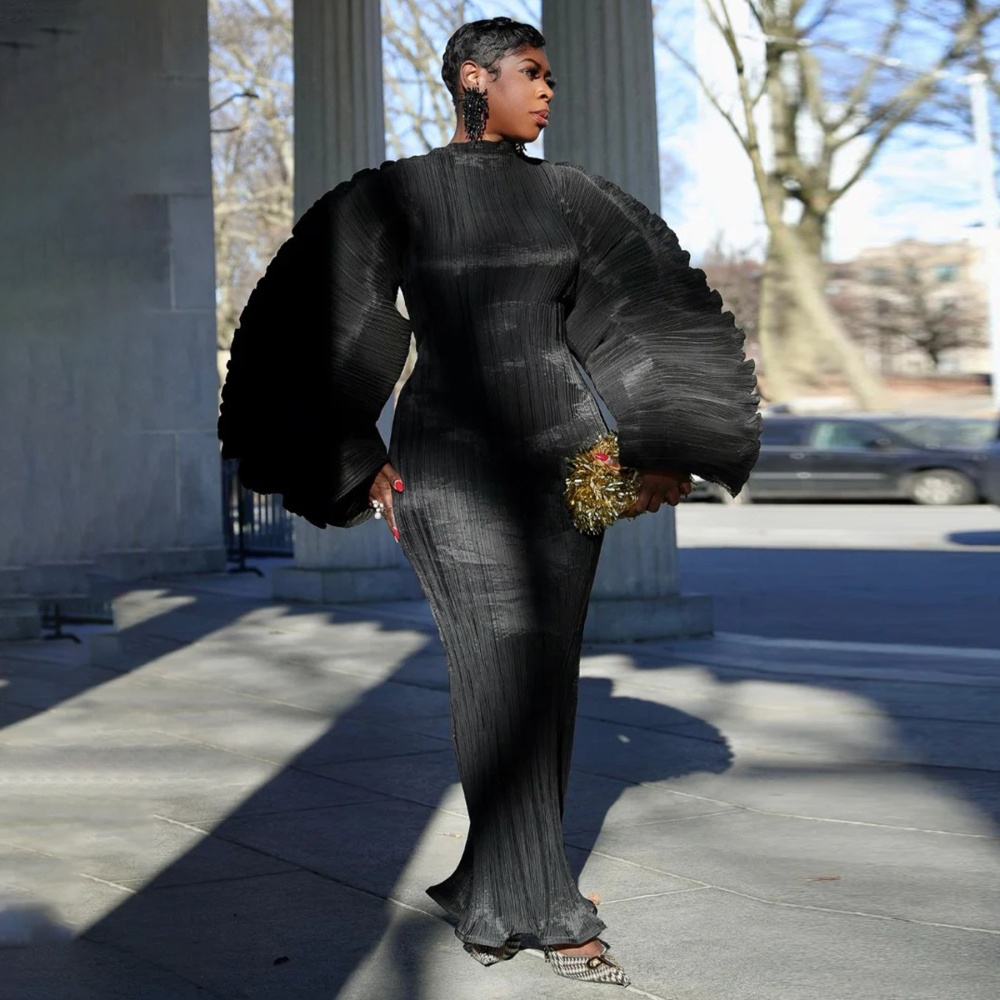 Fold pure round neck European style crimp dress