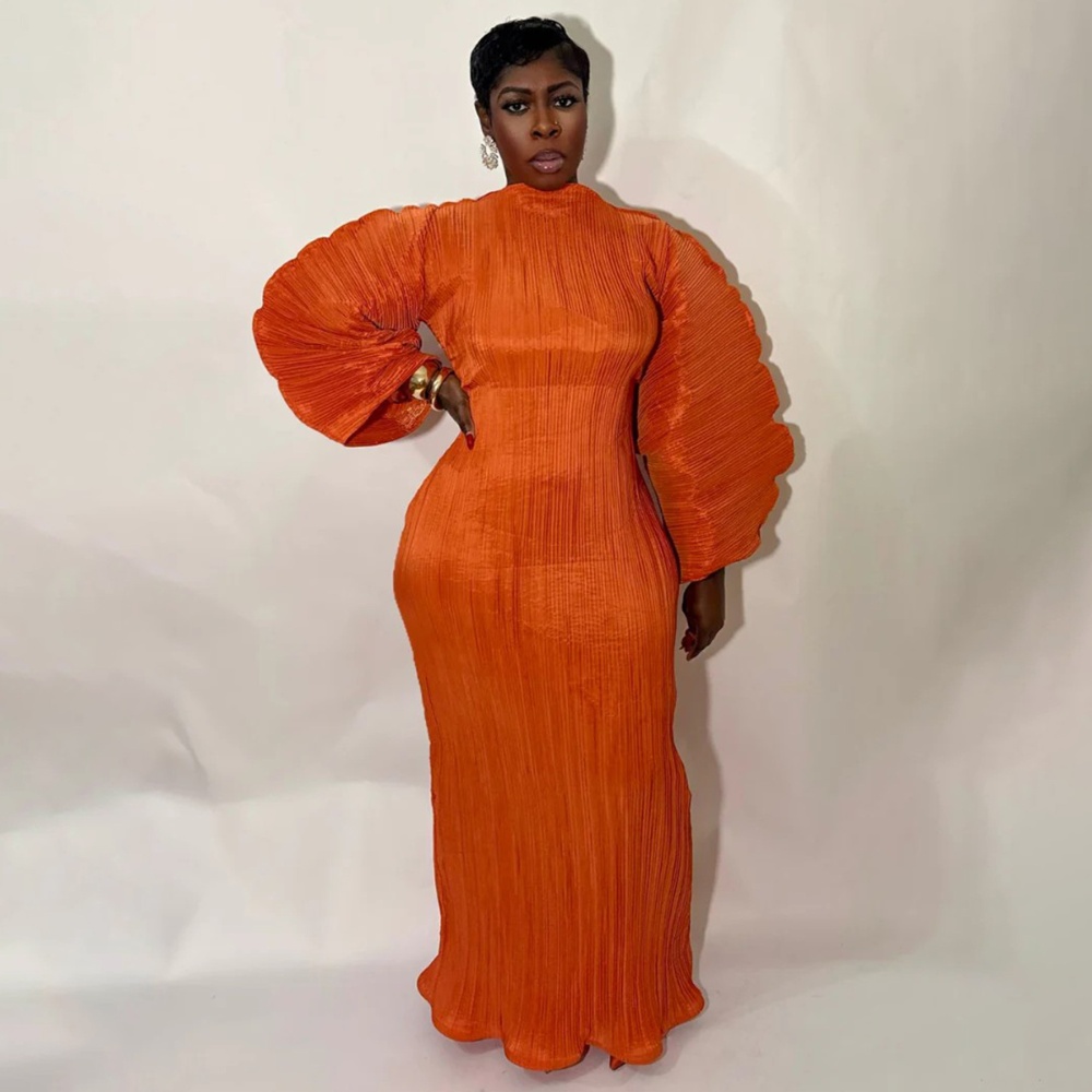 Fold pure round neck European style crimp dress