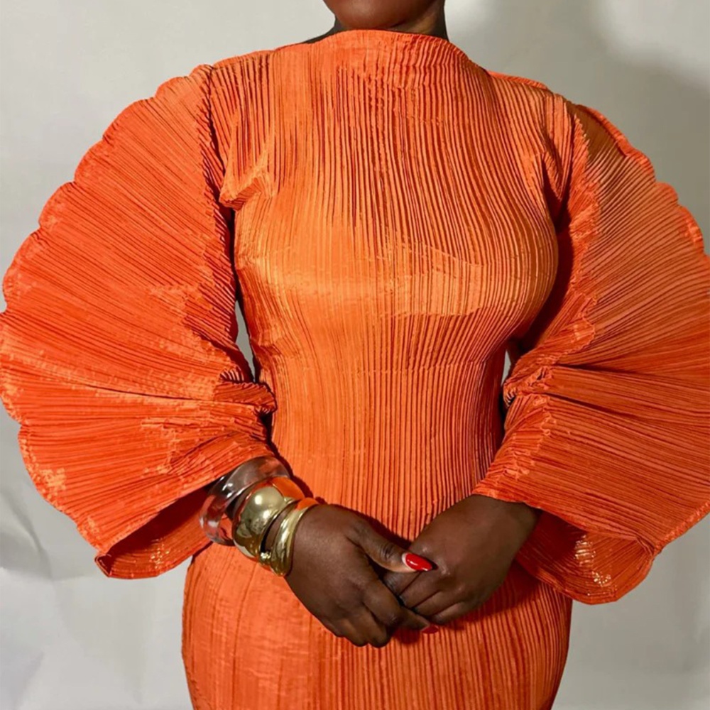 Fold pure round neck European style crimp dress