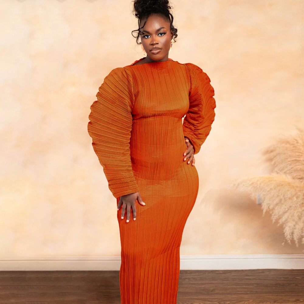 Fold pure round neck European style crimp dress