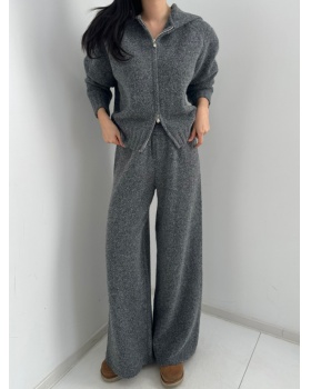 Double zip knitted sweater hooded lazy coat 2pcs set
