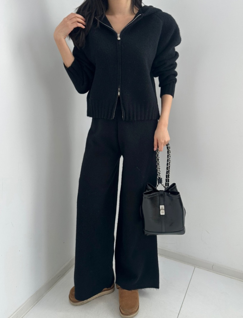 Double zip knitted sweater hooded lazy coat 2pcs set