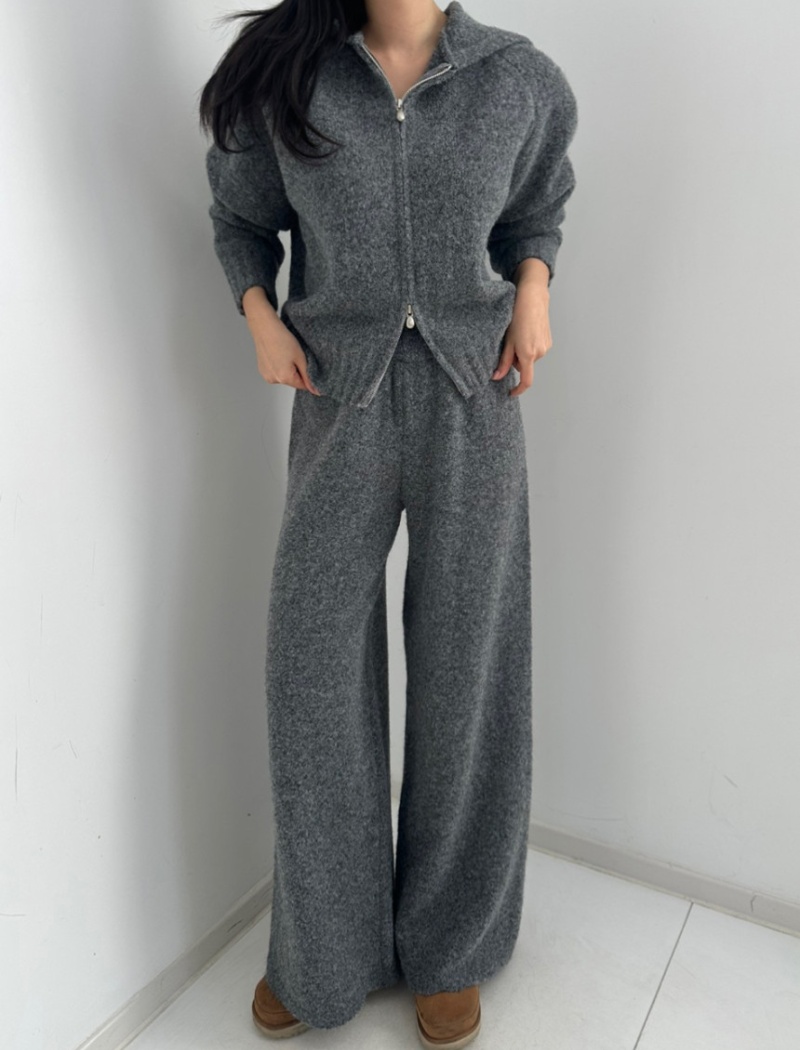 Double zip knitted sweater hooded lazy coat 2pcs set