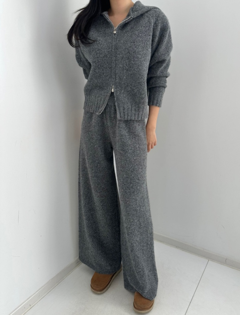 Double zip knitted sweater hooded lazy coat 2pcs set