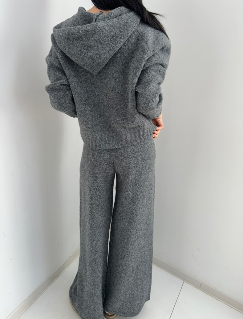 Double zip knitted sweater hooded lazy coat 2pcs set