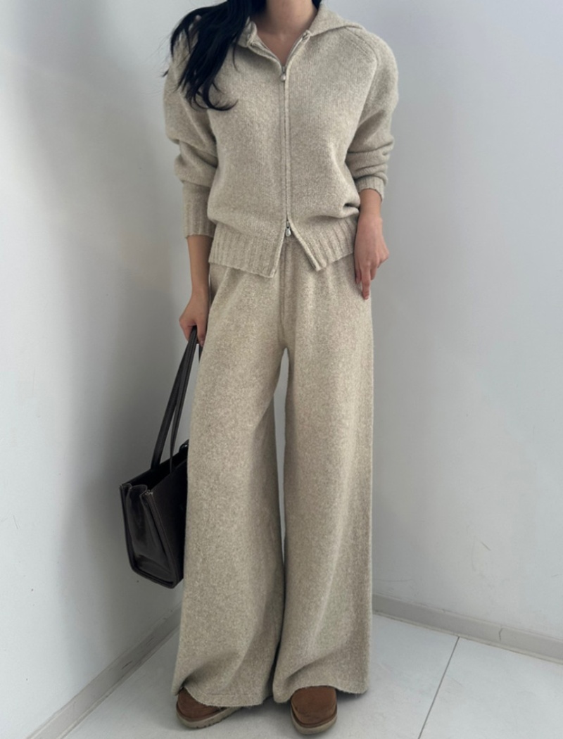 Double zip knitted sweater hooded lazy coat 2pcs set