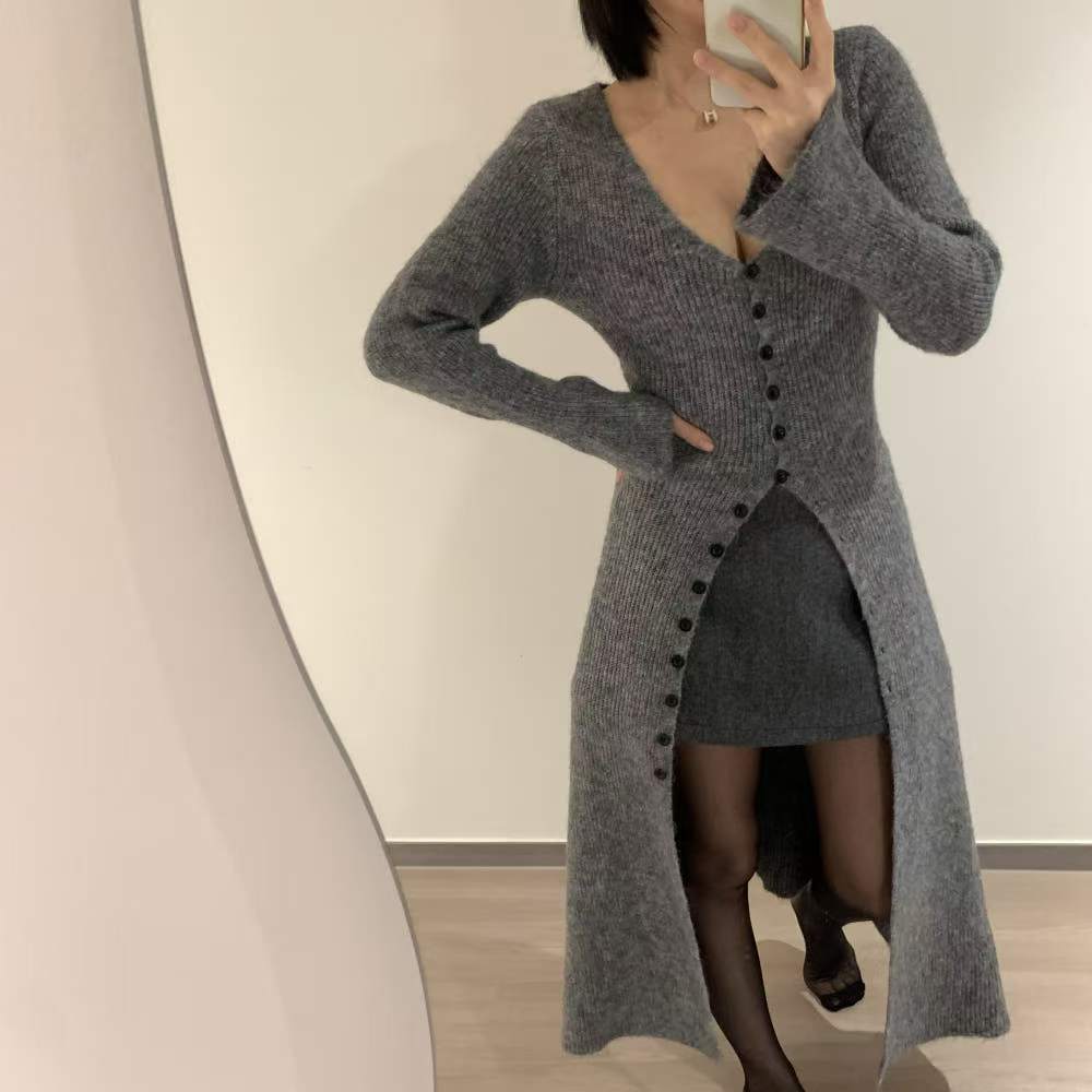 Niche spring V-neck dress personality slim split long dress