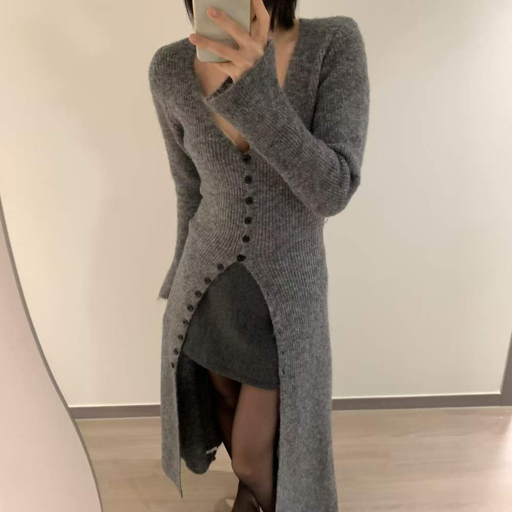 Niche spring V-neck dress personality slim split long dress