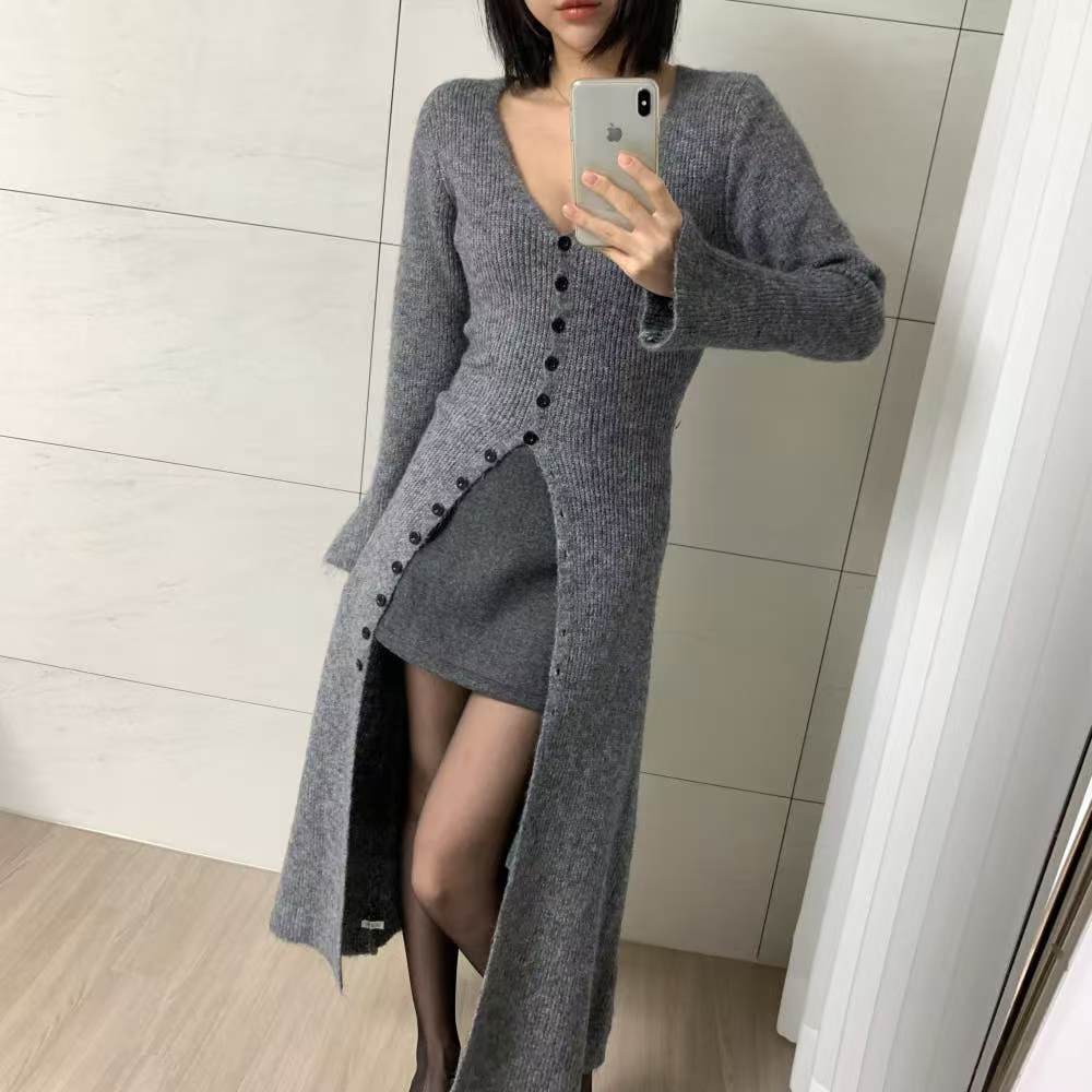 Niche spring V-neck dress personality slim split long dress