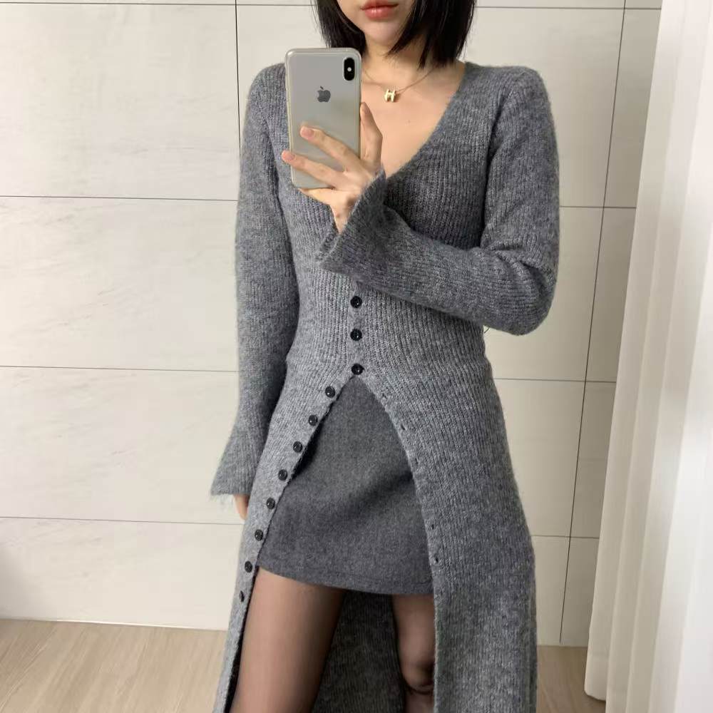 Niche spring V-neck dress personality slim split long dress